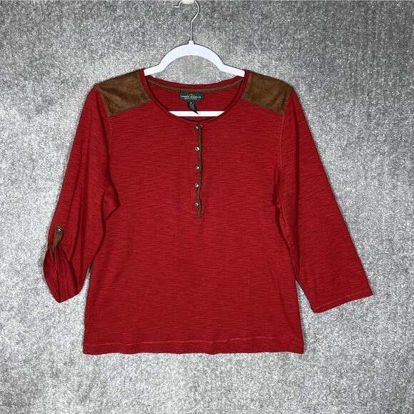 Lauren Jeans Co. Tops - LRL Ralph Lauren Henley Top Womens Size XL Red Slub Knit Brown Faux Suede Trim